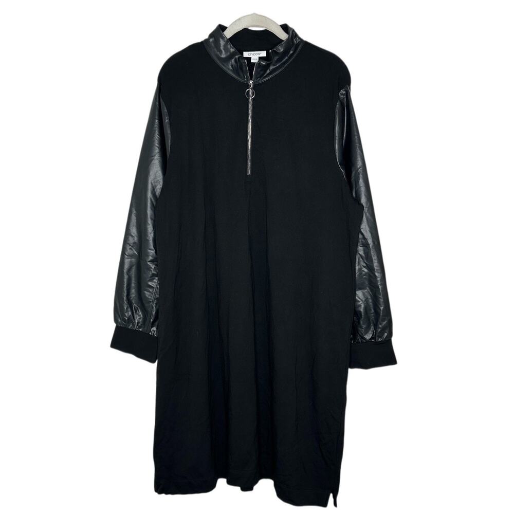 Chicos Energy Faux Leather Mix Black Dress SZ 3 XL Zip Front Long Sleeve